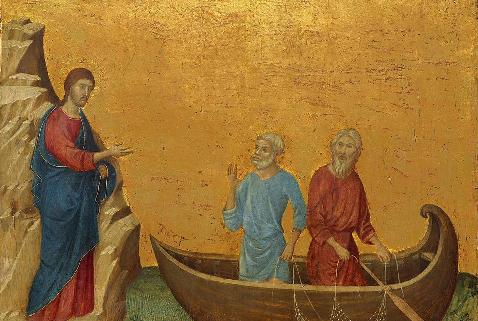 An icon of Jesus coming to Peter and Andrew while they are fishing in a boat